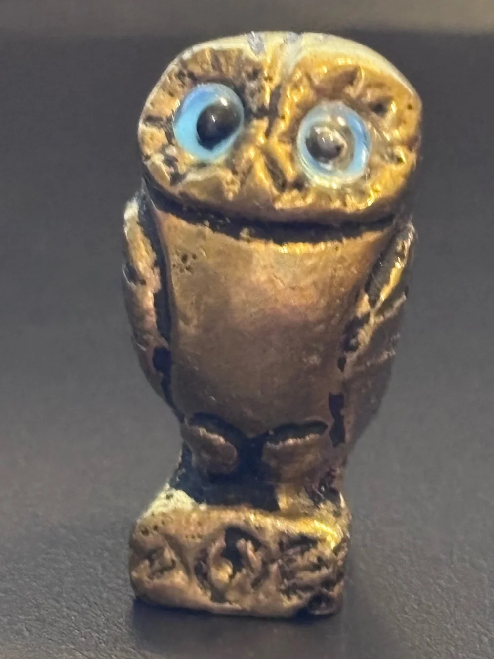 Vintage Mini Bronze Brass Owl Figurine AΘE AOE Mark Blue Glass Eyes Greek Athena